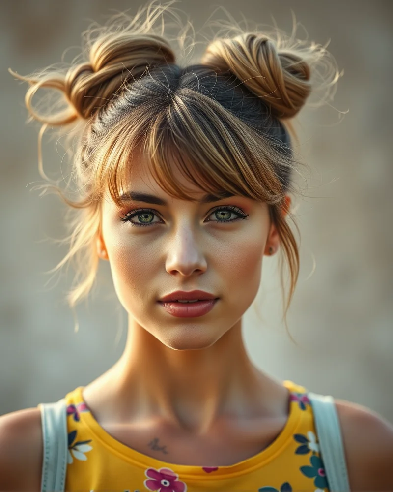 7 Effortless Summer Camp Hairstyles That Will Survive Any Adventure 5 Two playful and slightly messy space buns styled with loose tendrils to create a fun, youthful summer camp aesthetic.