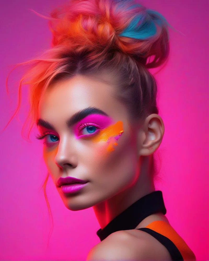 7 Vibrant Mexico Makeup Trends You Need To Try This Season 5 A woman wearing a casual high bun with striking, bright neon eyeshadow that pops against her skin.
