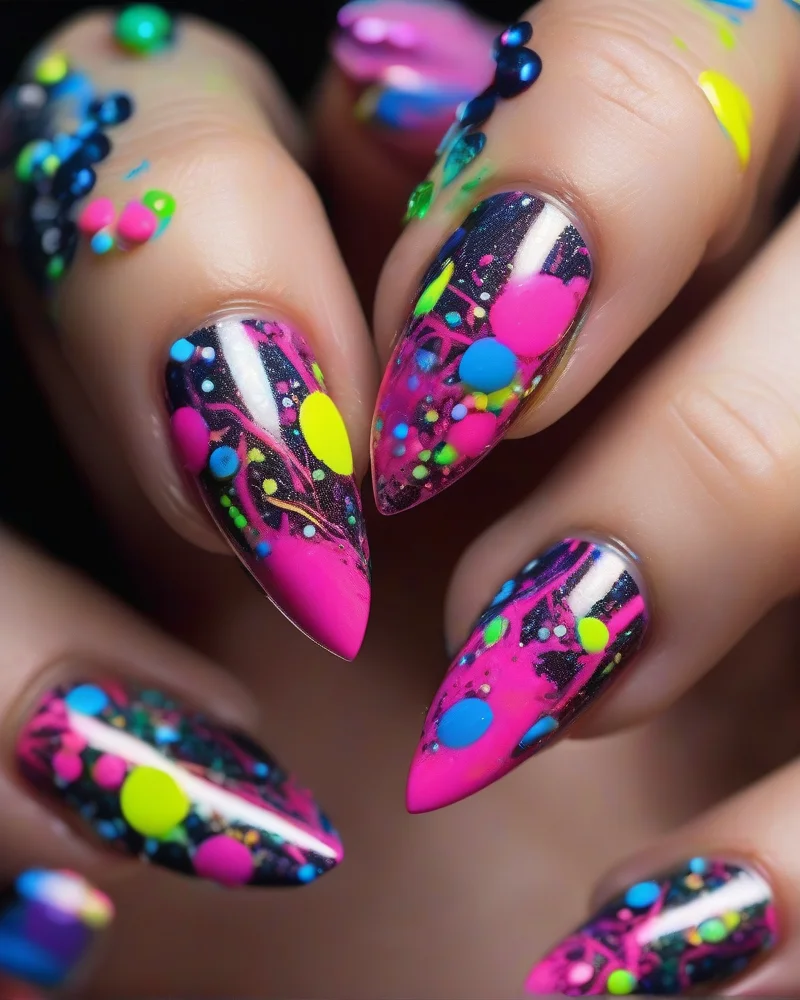 Brightly colored stiletto nails in neon shades of pink, yellow, blue, and green, featuring intricate neon-colored firework splatter designs.