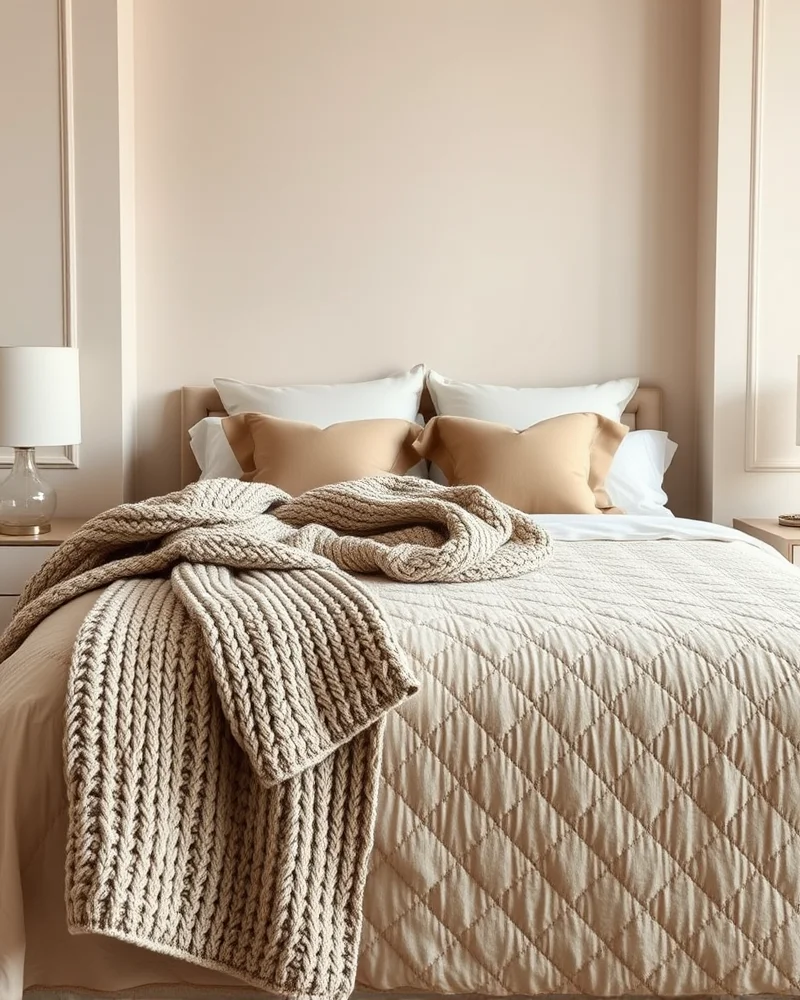 A monochromatic bedroom design where a diamond-stitched quilted coverlet is layered with various textures in similar beige tones.