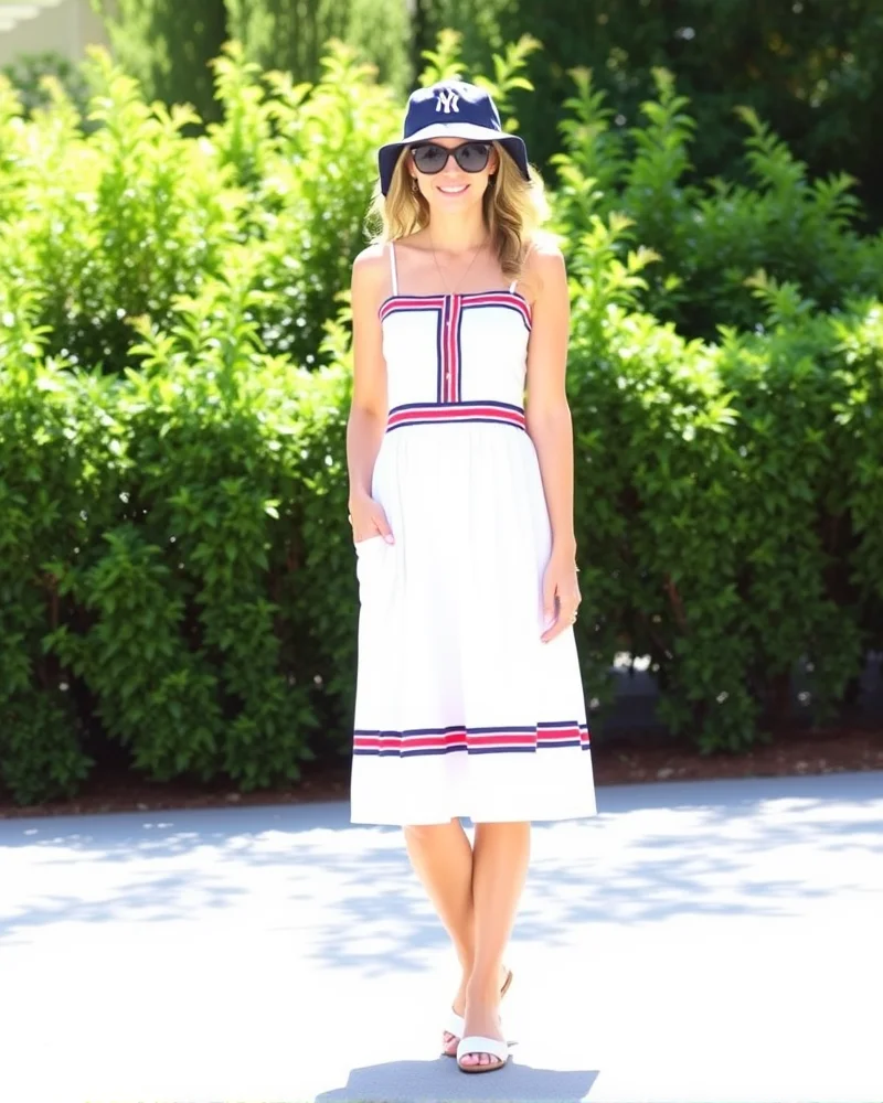 A woman styled in a crisp sundress with baseball-themed colors, showing how to accessorize for a warm summer afternoon at the game.