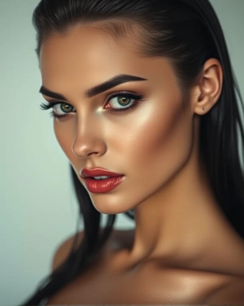 A woman with high-shine, wet-look slicked-back hair and intensely glossy, reflective lips.