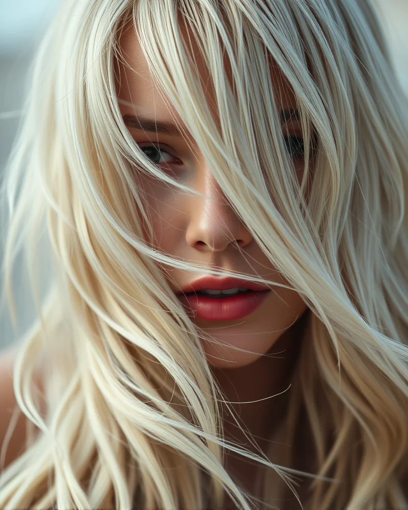 A woman with long, wavy platinum hair featuring a dark, natural-looking shadow root that blends seamlessly into the blonde.