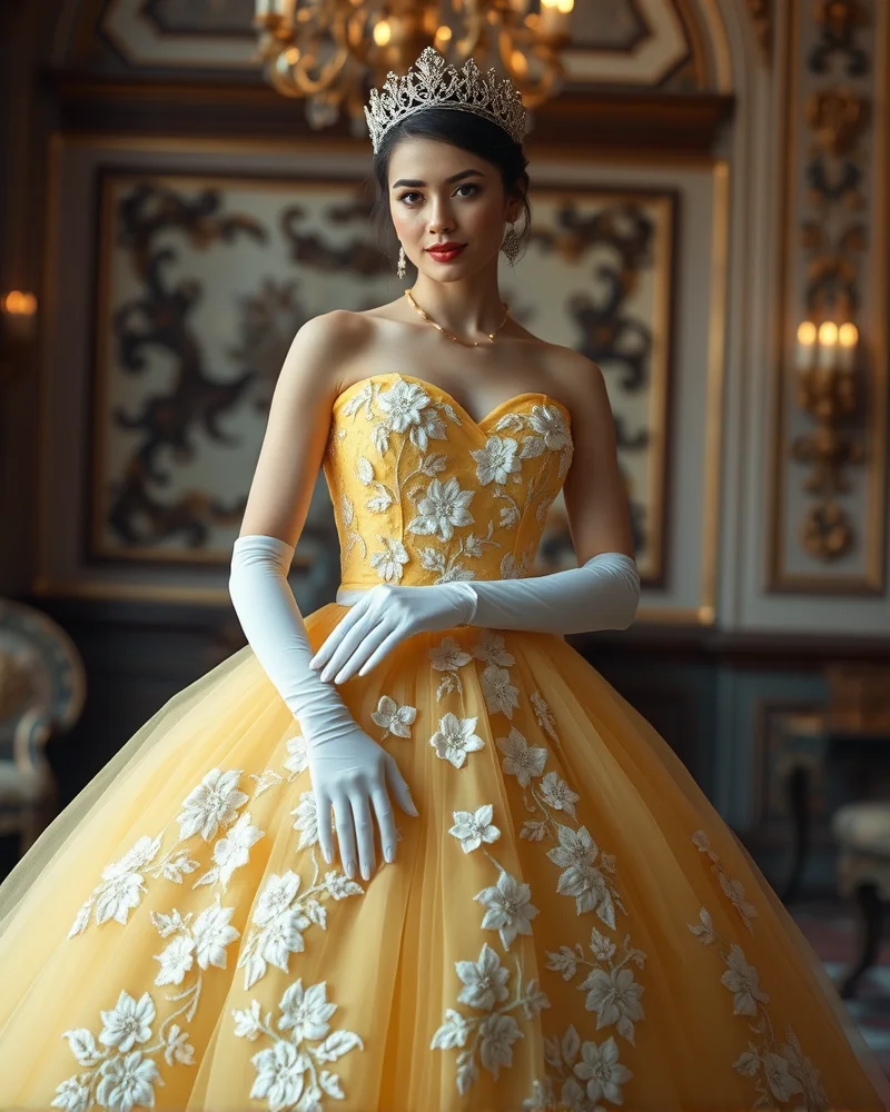 A woman dressed in a luxurious yellow tulle ballgown with white floral details and elegant white gloves.