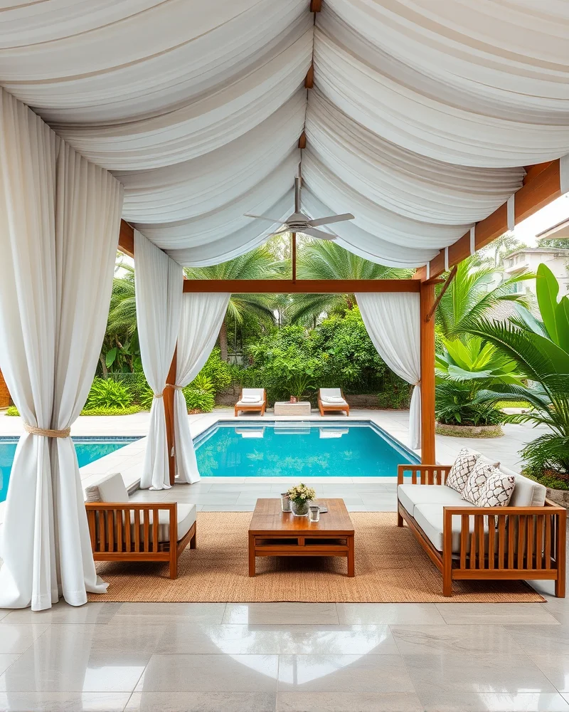 7 Viral Beach Hacks Kids Need for a Stress-Free Summer 6 A resort-style poolside lounge with billowing white curtains, teak wood furniture, and abundant tropical plants.