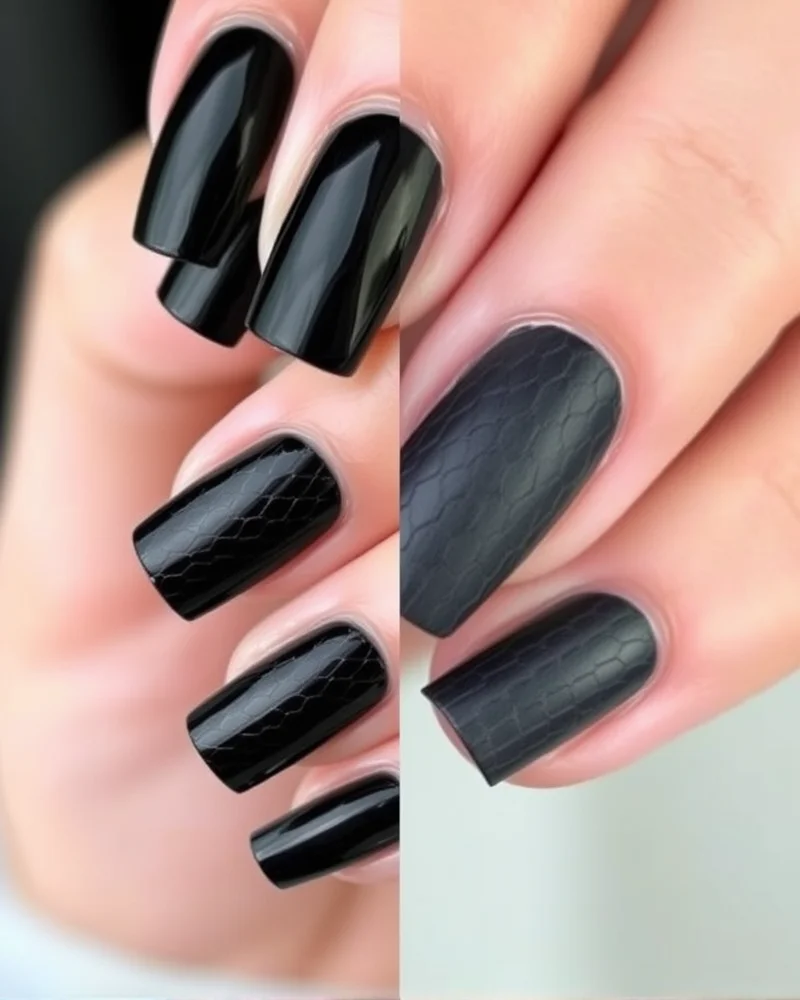 7 Sizzling Snake Nail Designs That Are Taking Over Your Feed 6 A creative split-screen close-up comparing glossy black snake pattern nails against a matte, velvety-textured charcoal snake design on square nails.