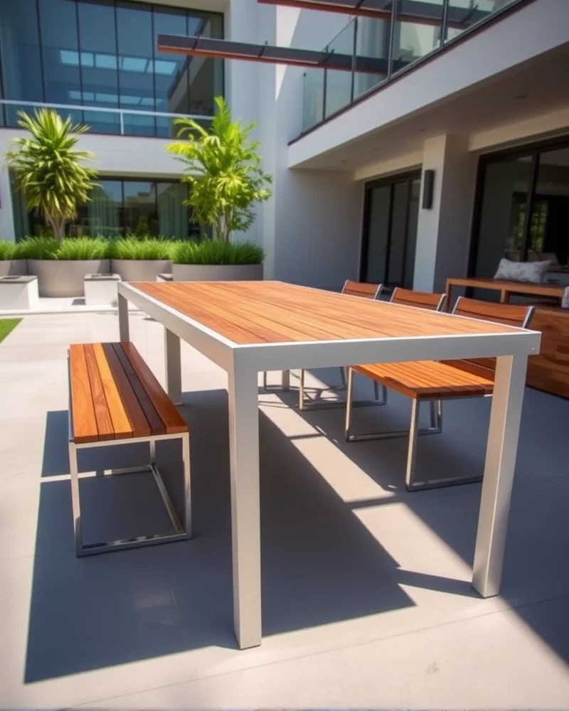 7 Viral Outdoor Dining Area Ideas to Elevate Your Backyard Oasis 6 A modern, sleek outdoor dining table with an aluminum and teak finish, set in a beautifully designed patio area, demonstrating high-quality, weather-resistant materials.