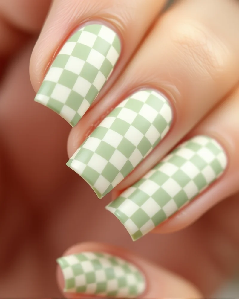 Short square nails featuring a subtle, tiny green and cream checkerboard pattern with a smooth matte finish.