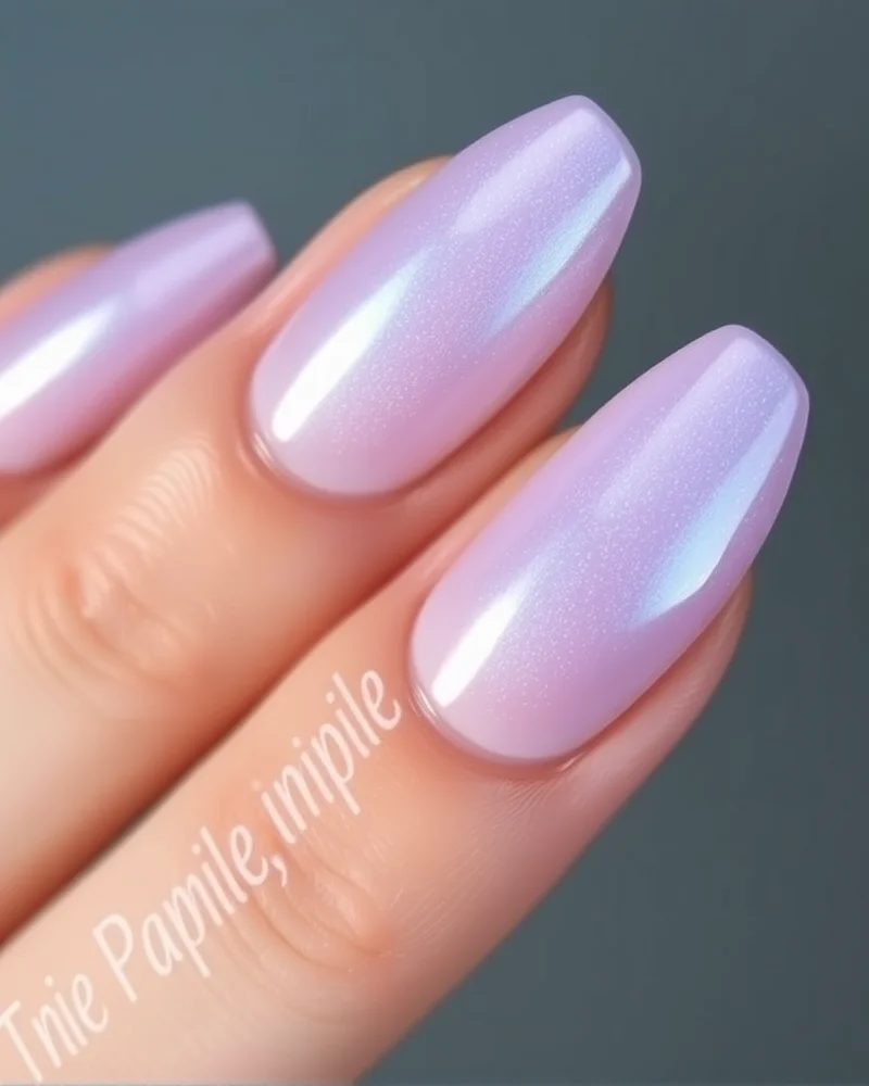 10 Dreamy Pastel Nail Designs You Need to Try This Season 6 Stiletto nails featuring a dreamy, sheer lavender base coated with a high-shine chrome pearl powder, creating a glowing, ethereal glazed look.