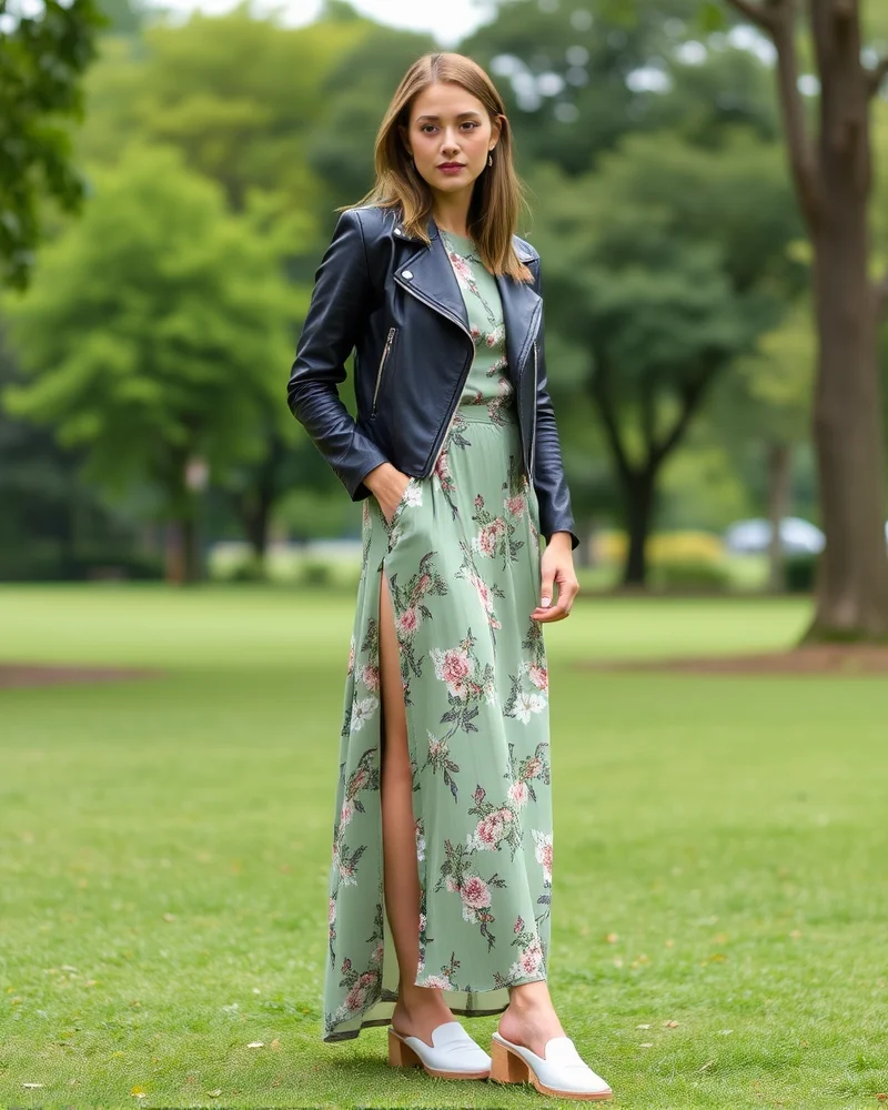 A woman wearing a floral maxi dress paired with a leather jacket and mules, blending soft patterns with edgy textures.