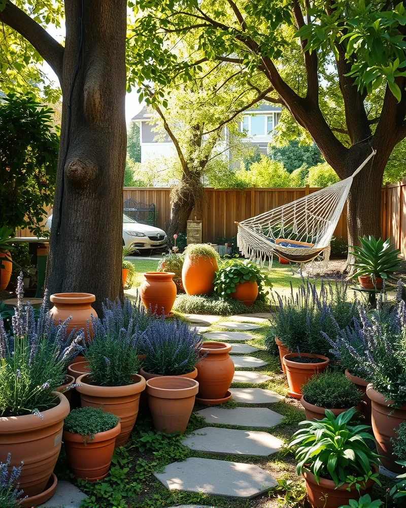 A lush, sun-dappled garden path lined with an eclectic mix of vintage terracotta pots overflowing with herbs and flowering plants.