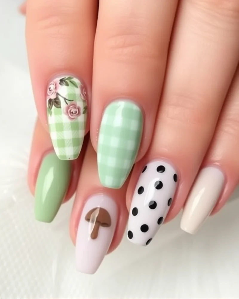 7 Dreamy Cottagecore Nail Designs That Will Define Your Aesthetic This Season 6 Mismatched nail art set featuring various cottagecore themes like gingham, florals, and mushrooms.