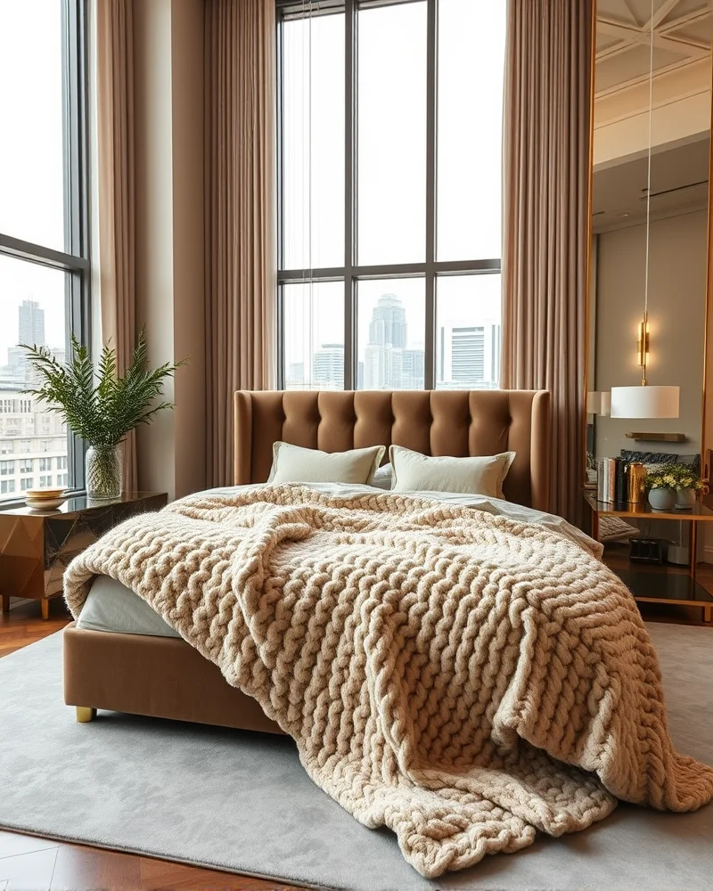 An upscale bedroom featuring a chunky-knit weighted blanket, adding texture and luxury to a high-end interior design.