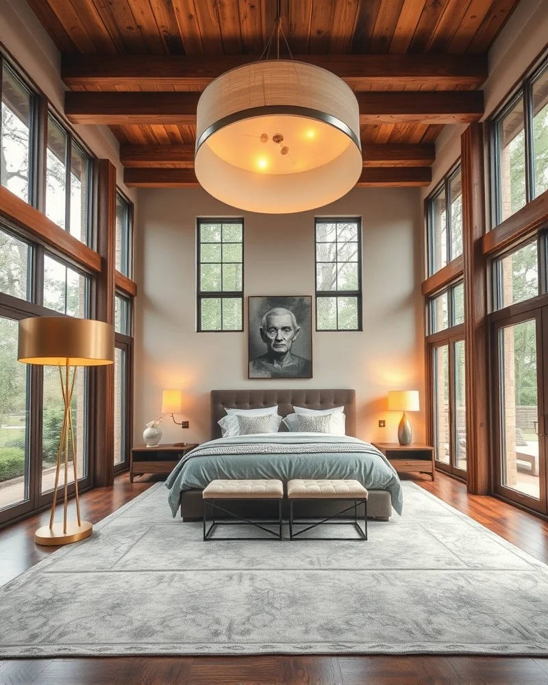 Rustic-modern bedroom illuminated by warm, amber-toned floor lamps that create a cozy atmosphere.