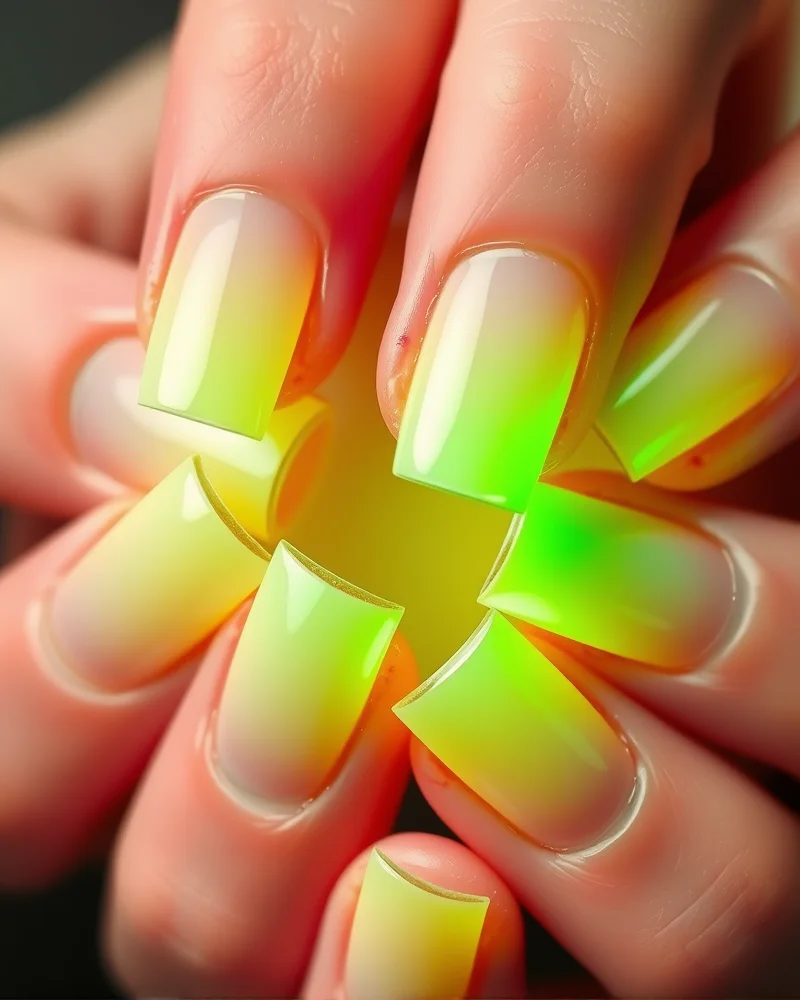 7 Viral Aura Nail Art Ideas That Will Elevate Your Manicure Game 6 Square shaped nails with a vibrant lime green glowing aura center against a stark white background.