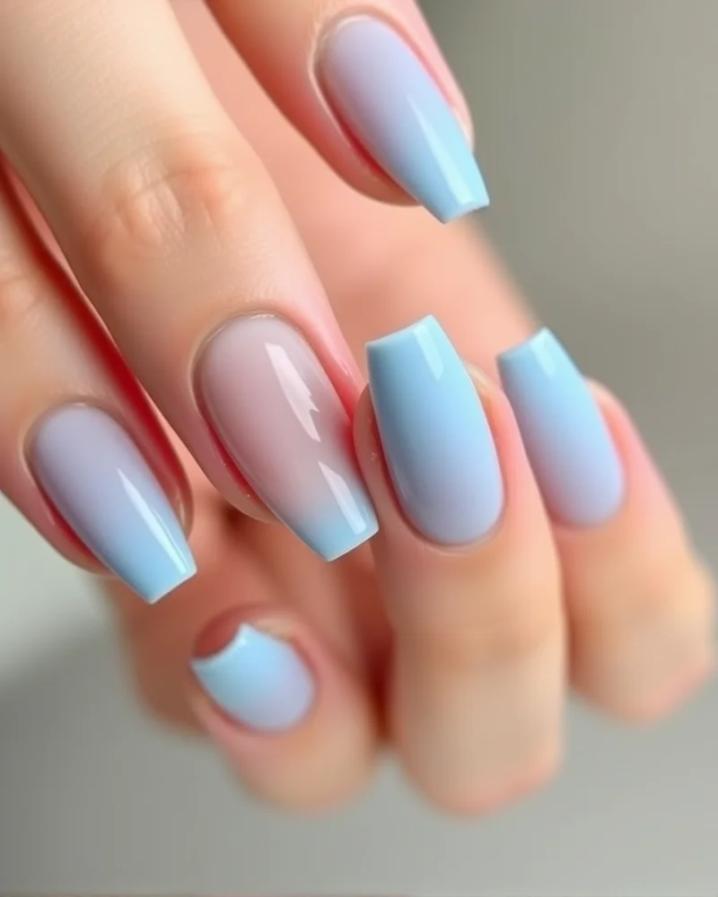 Stiletto nails with a neutral nude base and thin, vibrant pastel blue French tips, creating a modern and crisp look.