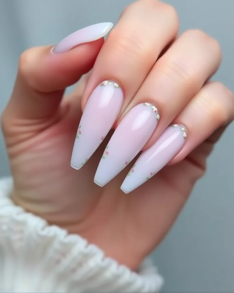 Long oval nails decorated with tiny hand-painted floral hearts forming a frame around the nail edge.