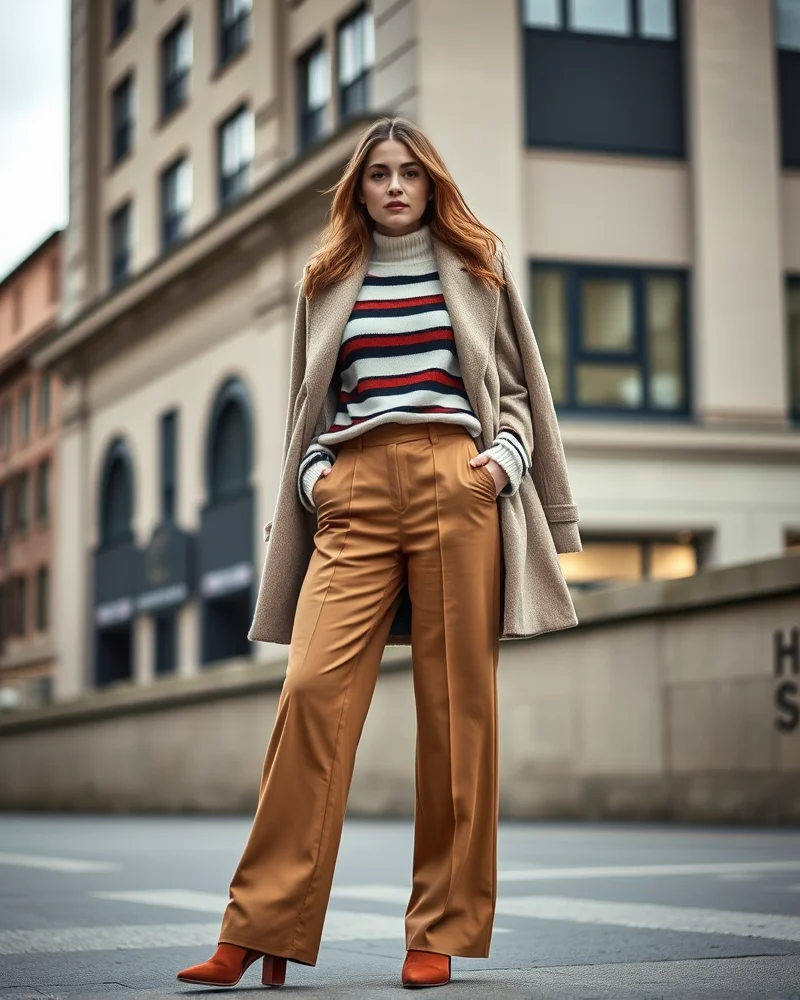 7 Viral Cold Weather Spring Outfits You Need to Copy Right Now 6 A stylish woman poses in camel wide-leg trousers and a thick striped sweater, with a wool coat draped over her shoulders for an elegant cold spring outfit.