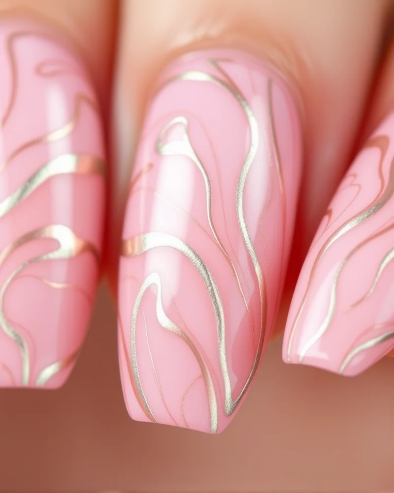 Almond-shaped nails with a soft pink base and raised, liquid-metal silver swirls in an abstract design.