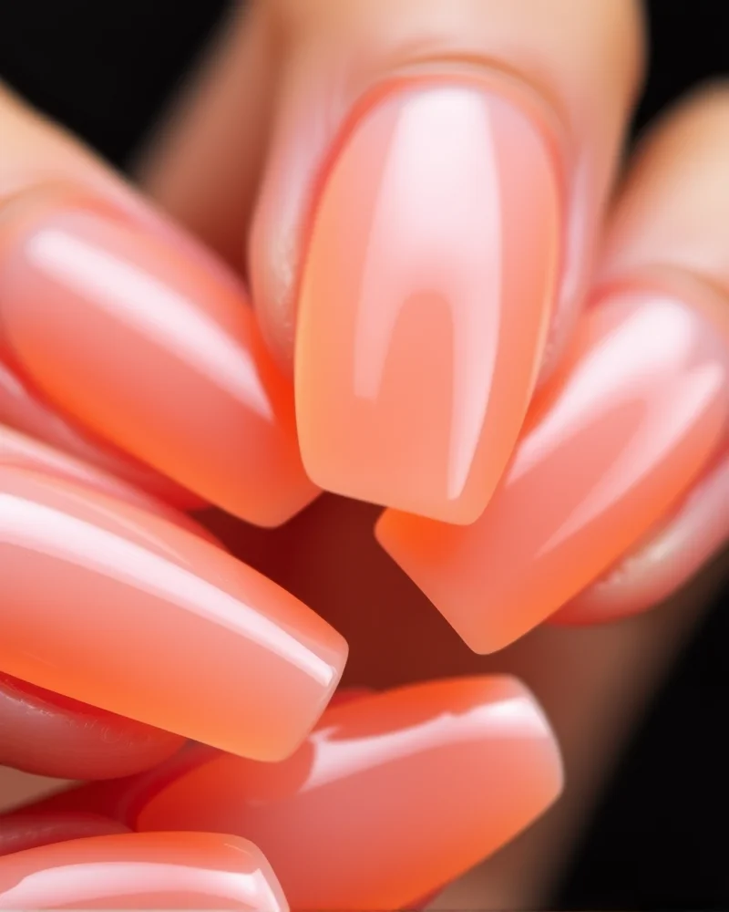 Translucent peach jelly nails with a glass-like finish, showcasing depth and light refraction.