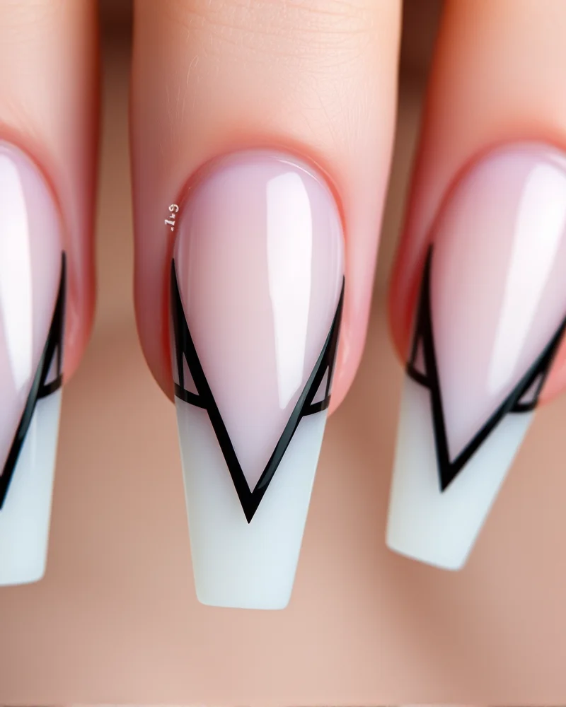 7 Viral Negative Space Nail Art Hacks You Need to Try 6 Coffin-shaped nails featuring bold, black geometric lines and triangles at the edges, utilizing a central negative space gap.