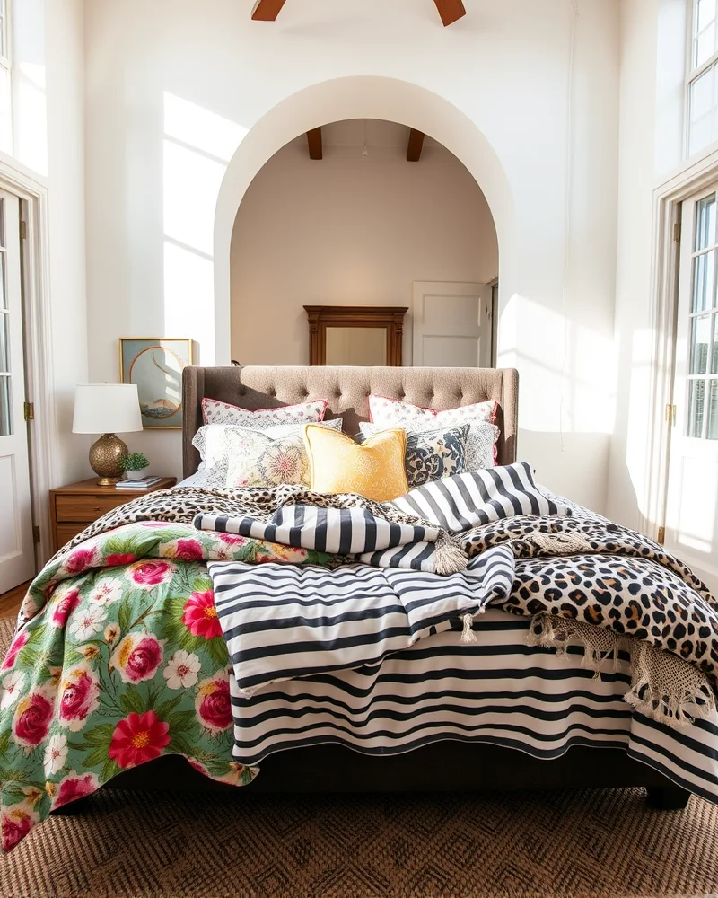A bed styled with a variety of clashing but stylish 2000s-inspired patterns, showing how to layer textiles effectively in a bedroom.