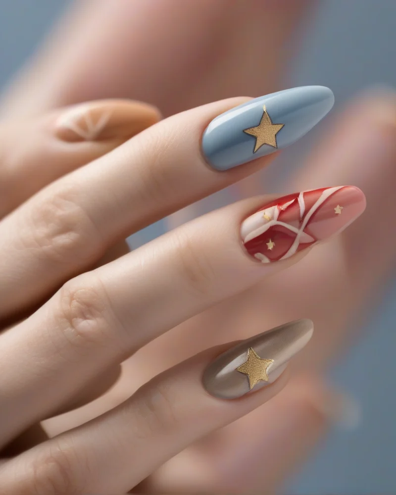 7 Subtle 4th of July Nails That Are Chic, Not Cheesy 6 Hand showing five almond nails with alternating colors (cream, blue, red) and one accent gold star decal.