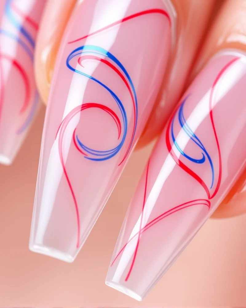 7 Viral 4th of July Nails French Tip Designs You Need to Try 6 Long stiletto nails with metallic chrome swirls forming a patriotic French tip design on a sheer base.