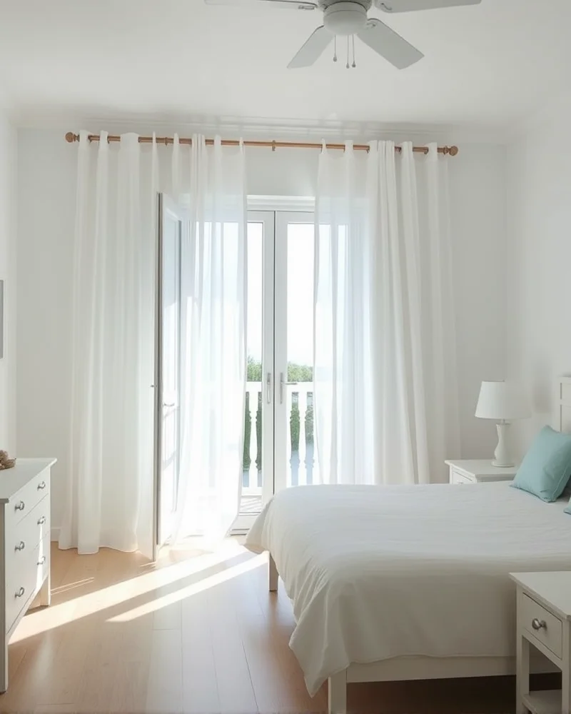 7 Dreamy Ways to Transform Your Bedroom into a Coastal Sanctuary 6 Floor-to-ceiling sheer white curtains in a bedroom, creating a breezy and light-filled atmosphere.