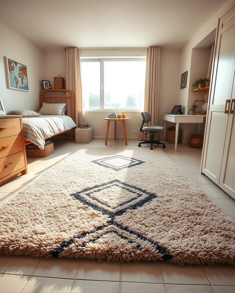 A dorm room interior featuring a large, plush geometric area rug that defines the space and adds texture to the floor.