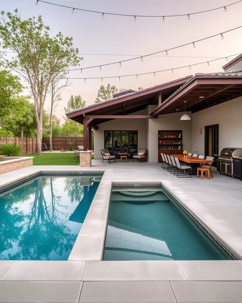 7 Viral Stock Tank Pool Ideas for a Luxe Backyard Oasis 6 An expansive outdoor entertaining space with a stock tank pool positioned near an alfresco dining area, complete with bistro lighting and modern furniture.