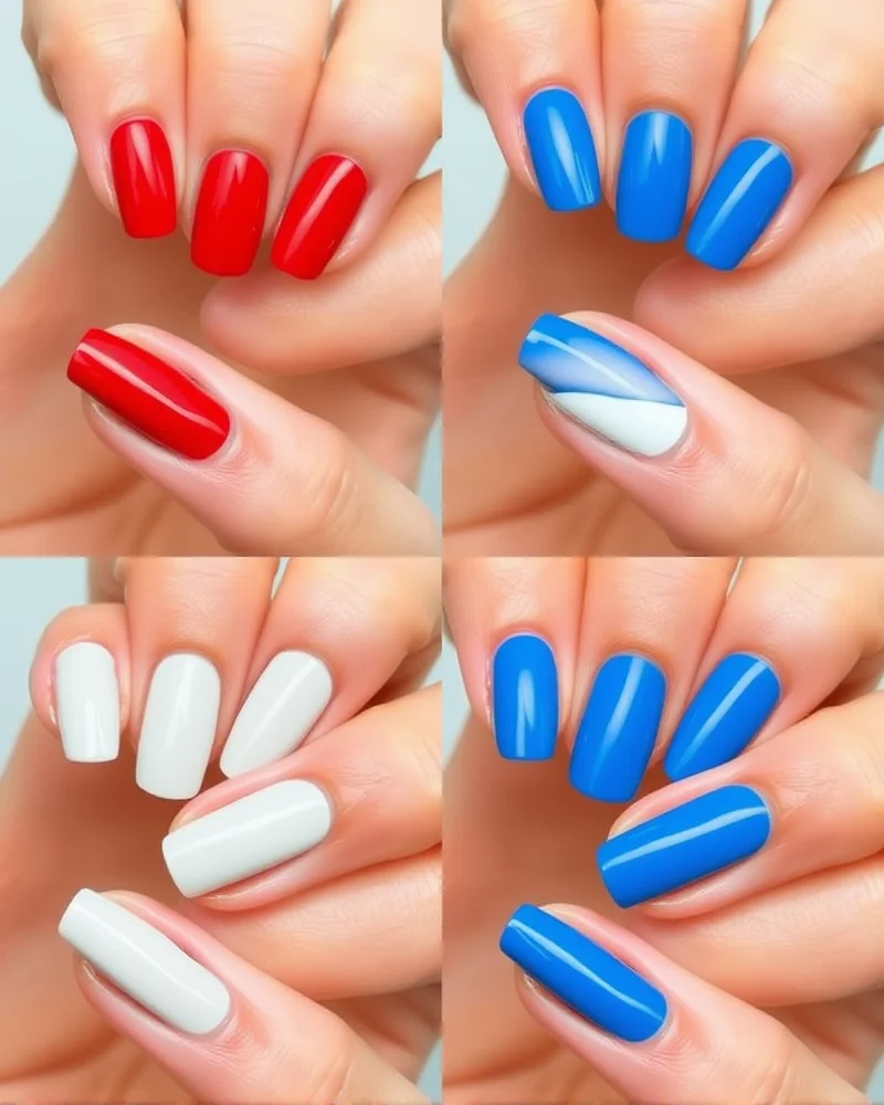 7 Viral Short Fourth of July Nails That Look Expensive 6 A comparison grid showcasing short nails with various combinations of red, white, and blue solid colors, demonstrating different skittle manicure patterns.