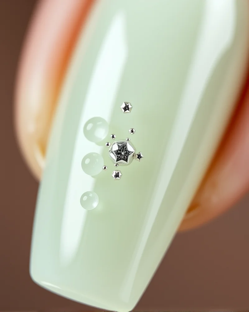 Almond nails in sage green with 3D gel water droplets and small silver star accents.
