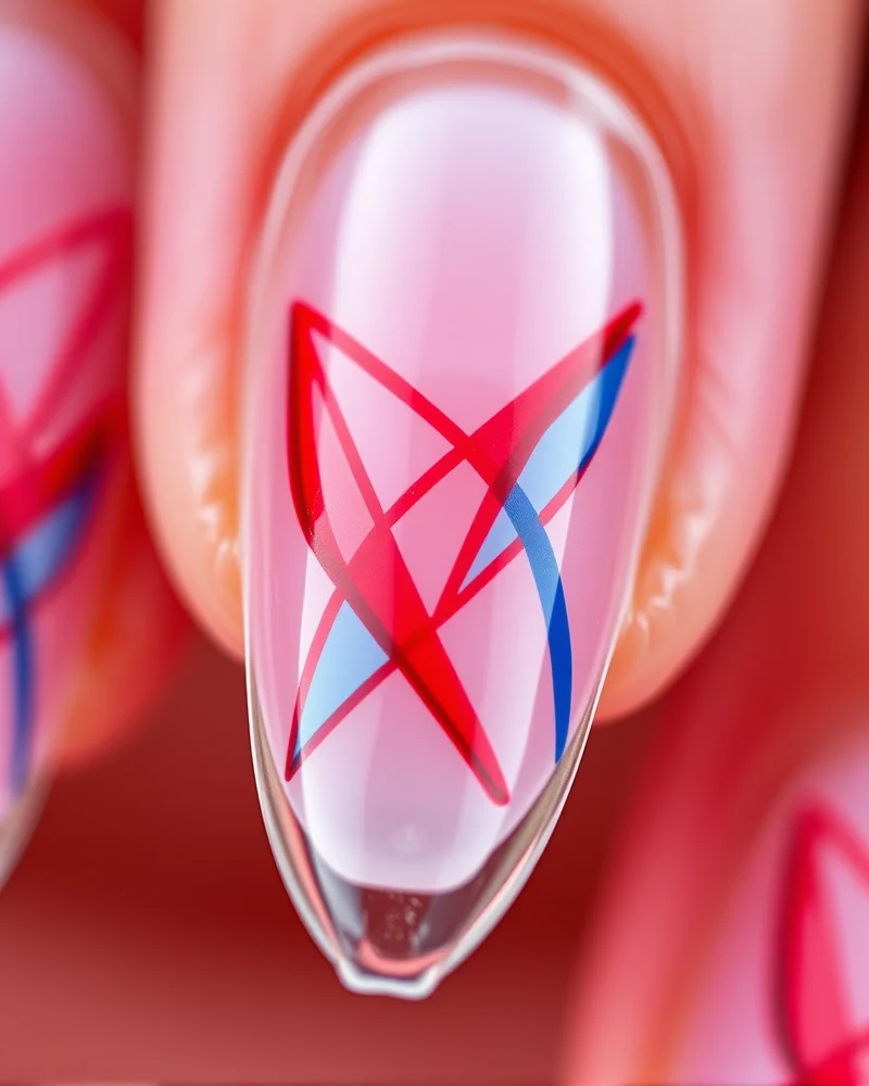 Close-up of sharp, stiletto-shaped nails featuring abstract geometric red and blue shapes against a transparent, clear gel background.