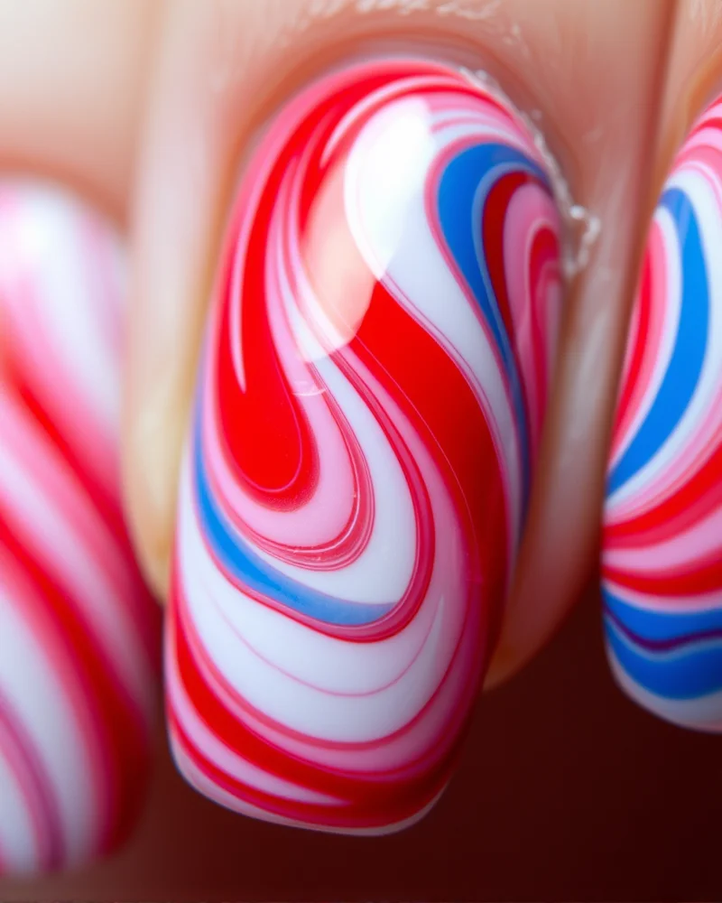 7 Chic Short 4th of July Nails Ideas to Elevate Your Holiday Look 6 Short almond nails featuring artistic, flowing abstract swirls in red, white, and blue polish against a clear base.