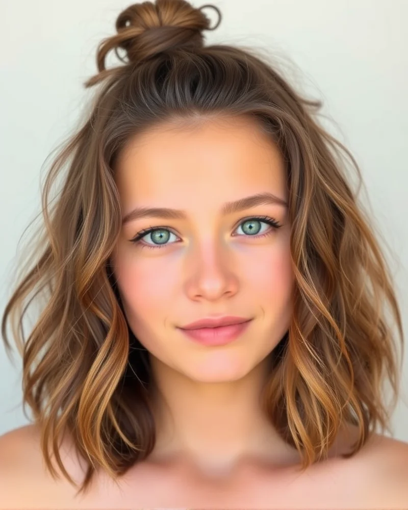 7 Fourth of July Hairstyles That Will Dominate Your Summer Feed 6 A woman sporting a half-up, half-down hairstyle with a messy top knot, showcasing a casual and youthful vibe.