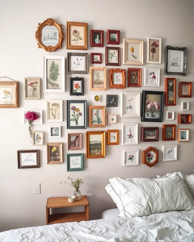 A whimsical gallery wall featuring a mix of vintage frames, dried flowers, and small mirrors, creating a personal and imaginative display.