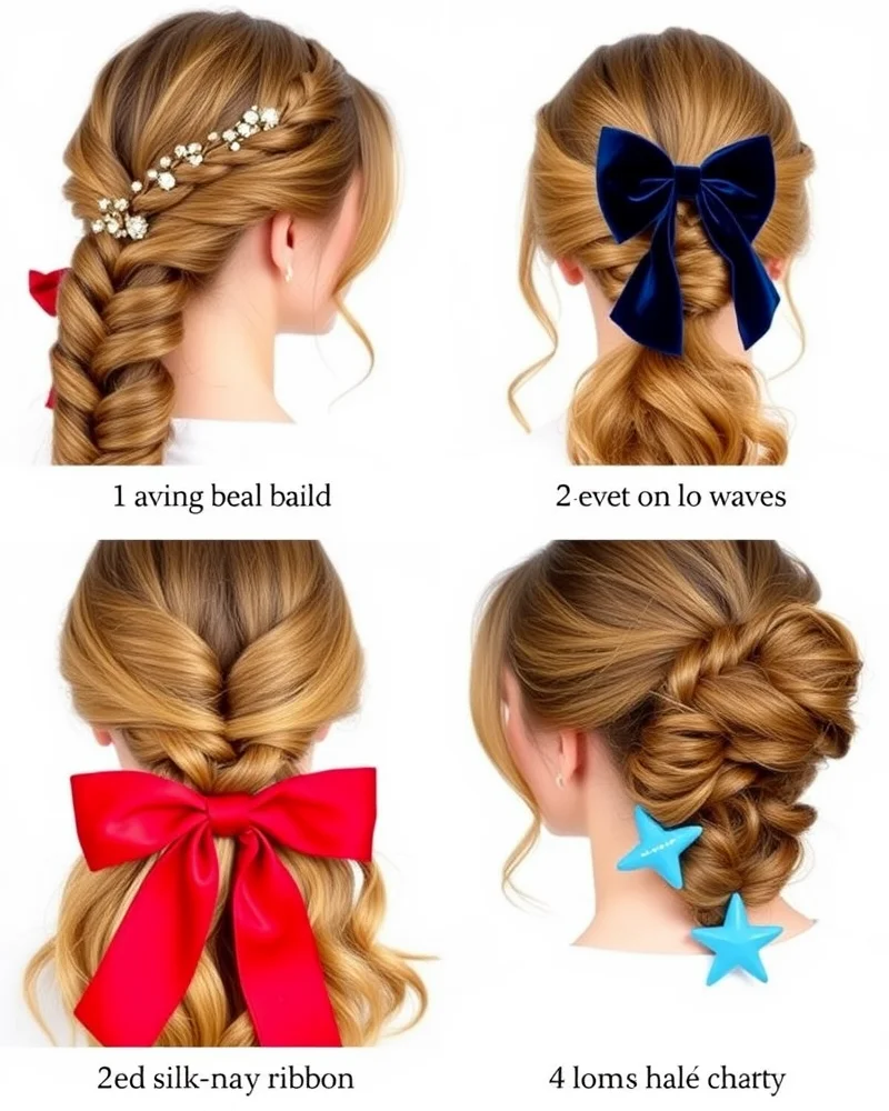 7 Viral 4th of July Hair Ideas That Will Own the Fireworks Show 6 A 2x2 comparison grid showing four different hairstyles accessorized with pearls, navy velvet bows, red silk ribbons, and blue star clips on a white background.