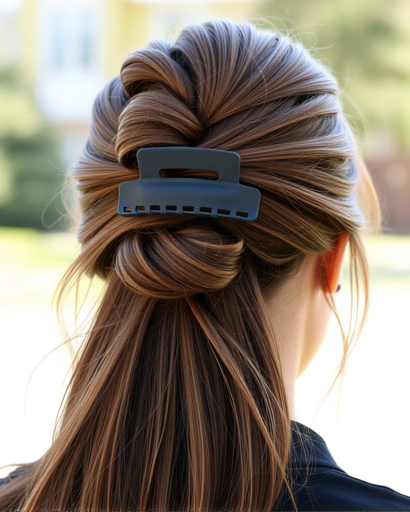 7 Effortless Summer Camp Hairstyles That Will Survive Any Adventure 6 A stylish and practical claw clip twist hairstyle that keeps hair up and away from the face during outdoor activities.
