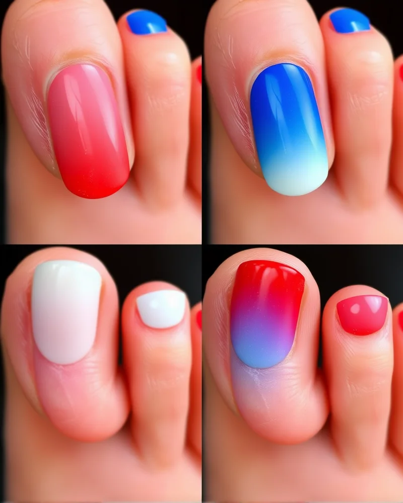7 Patriotic Perfection: The Most Viral 4th of July Toenail Designs of the Season 6 Comparison grid showing four different styles of patriotic ombré gradient designs on oval-shaped toenails.