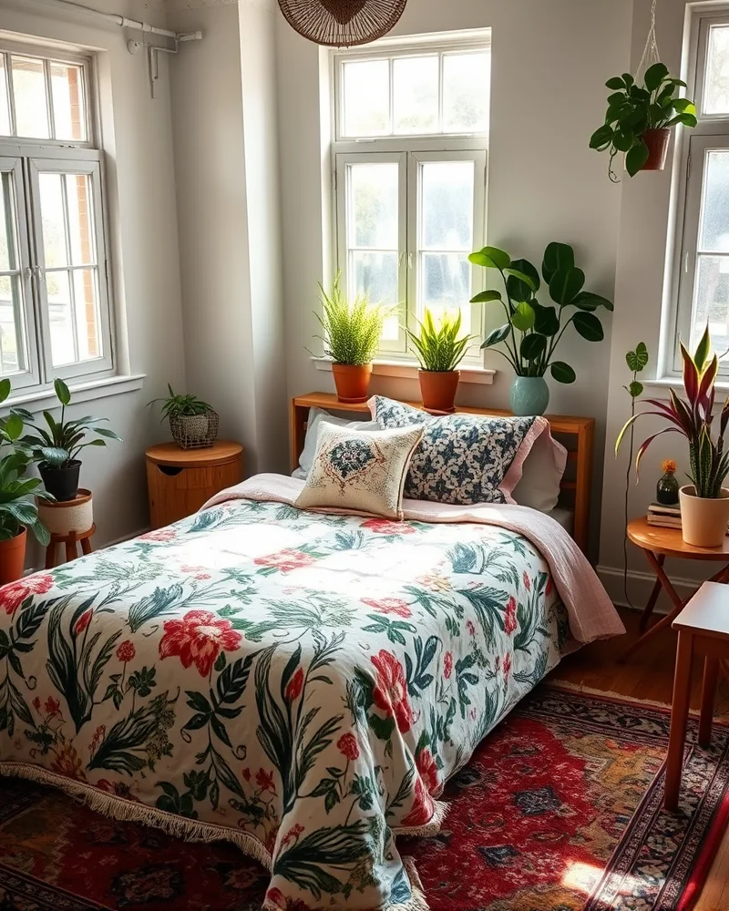 A bedroom interior showing a patterned quilted coverlet paired with geometric pillows, reflecting an eclectic and vibrant design style.