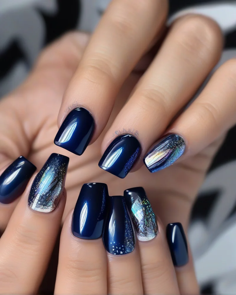 7 July Nails Ideas That Are Taking Over Your Feed This Summer 6 Square navy blue nails with silver holographic chrome firework designs on the accent nails, perfect for a Fourth of July celebration.