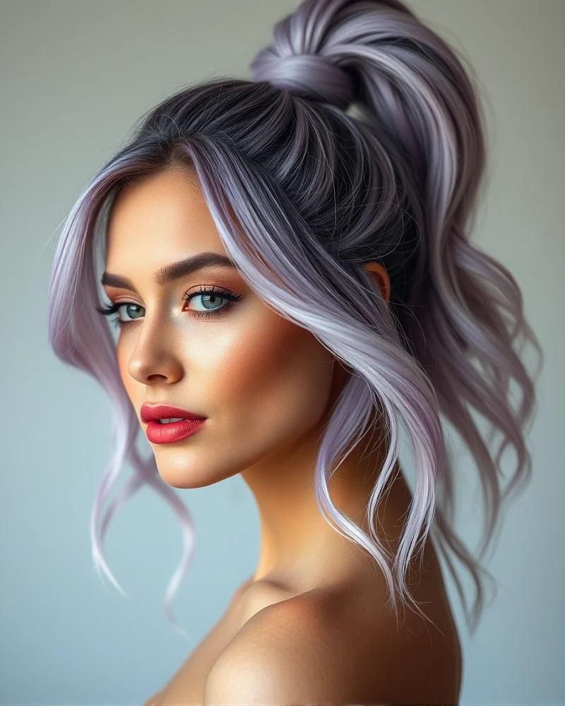 A woman with a textured, high ponytail showcasing subtle pastel lavender highlights, bathed in soft morning light.