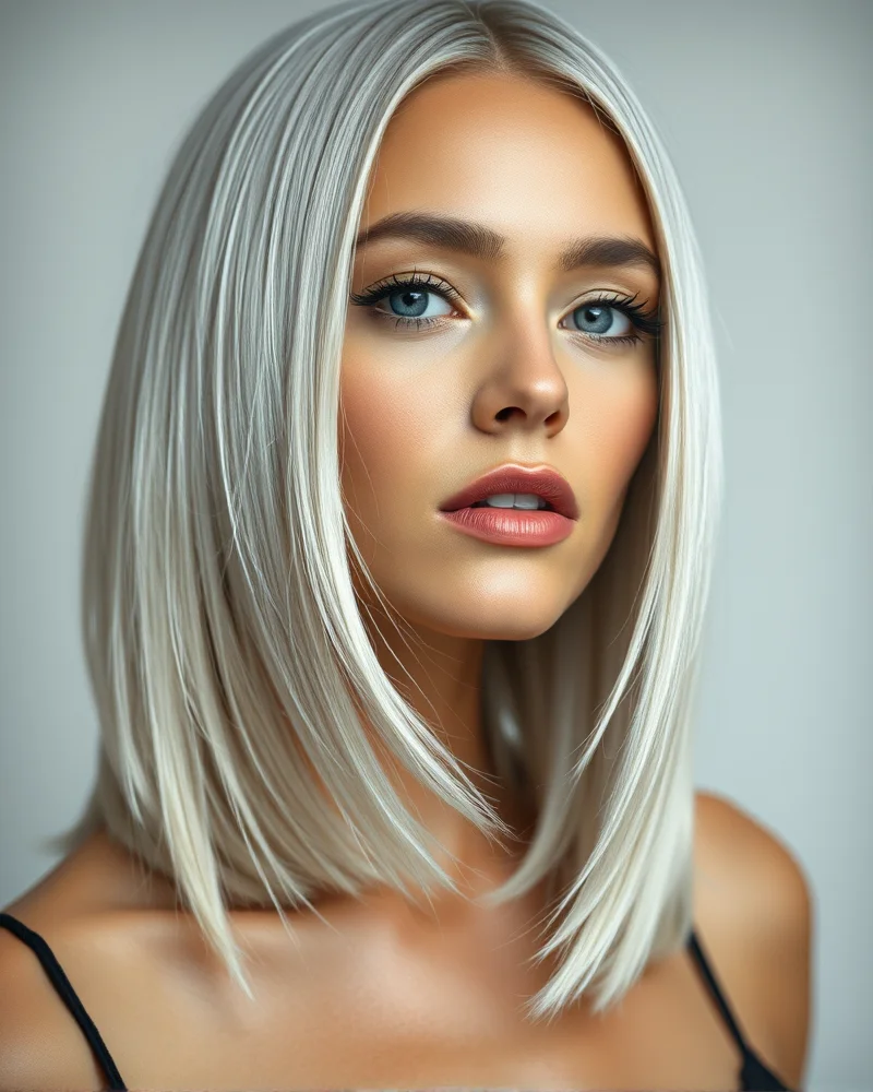 A woman with very long, pin-straight hair in a striking metallic silver platinum shade, posing under professional photography lights.