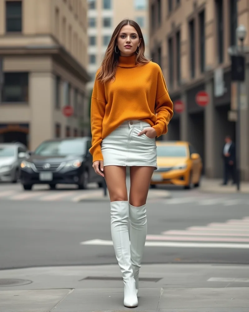 A woman styling a marigold sweater with a white skirt and boots for a casual, DIY-style outfit.