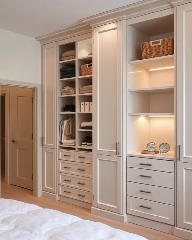 7 Dreamy Newlywed Bedroom Styling Hacks for a Romantic Sanctuary 7 A bedroom wall featuring custom built-in cabinetry with clean lines, providing ample storage and a tidy appearance.