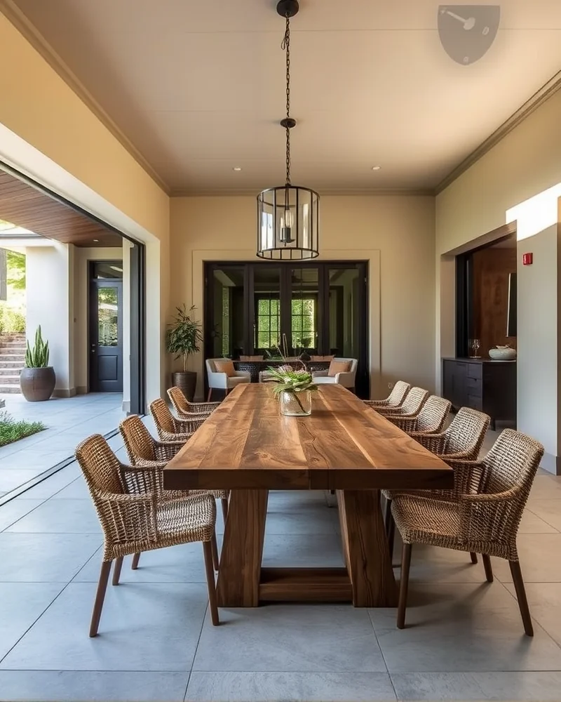 7 Viral Beach Hacks Kids Need for a Stress-Free Summer 7 An outdoor dining area featuring a reclaimed wood table and contemporary woven chairs under a stylish pendant lamp.