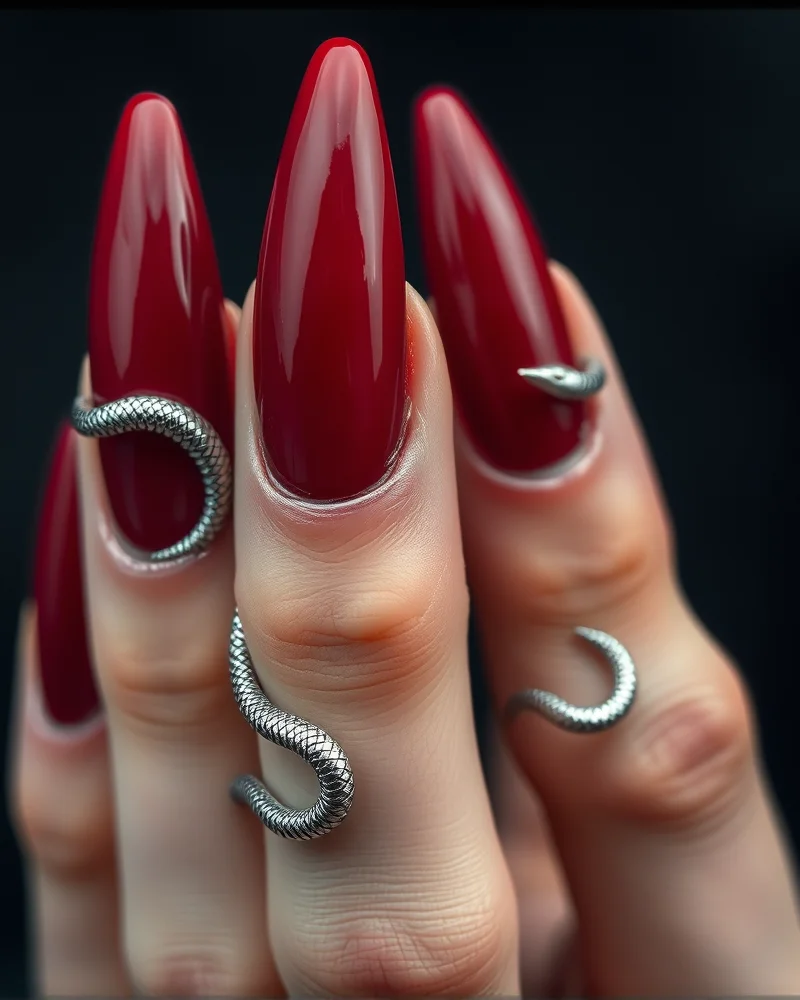 7 Sizzling Snake Nail Designs That Are Taking Over Your Feed 7 Long stiletto nails with a deep blood-red polish base and intricate silver metallic snake decals wrapping around the fingers.