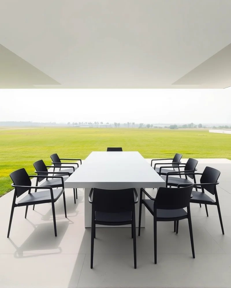 7 Viral Outdoor Dining Area Ideas to Elevate Your Backyard Oasis 7 A clean, minimalist outdoor dining setup with a stark white concrete table and simple black chairs set against a beautiful, expansive garden landscape.