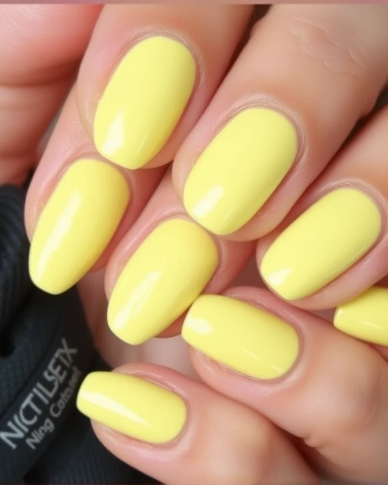Short almond nails featuring a solid, smooth, and vibrant buttery yellow polish that shines in the sun.